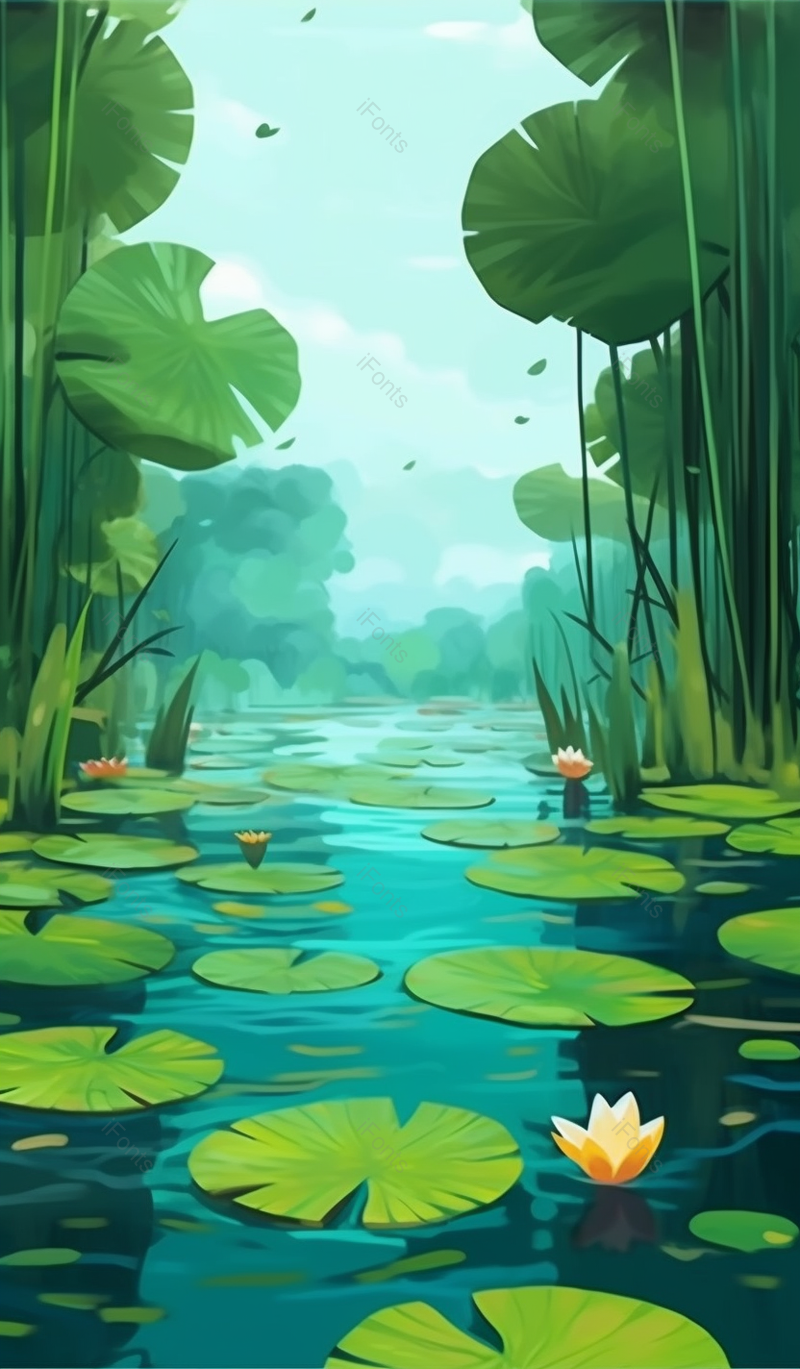 绿色夏至池塘的风景唯美清新插画背景,插画/手绘图,插画/手绘图库,插画/手绘图下载,插画/手绘